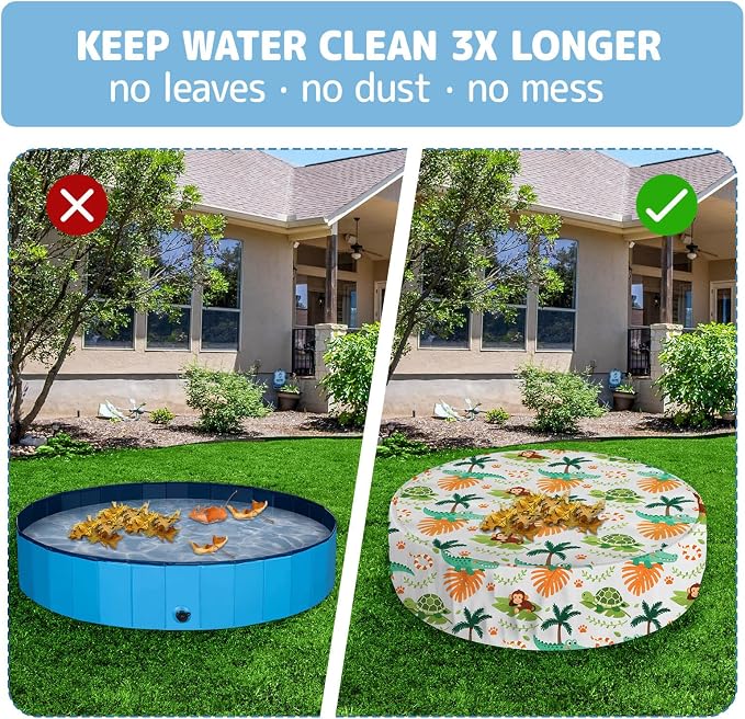 Foldable Dog Pool Cover – Waterproof Round Pet Dog Kiddie Bath Tub Lid Cover, Fit for 32/48/63 Inch Pools, Outdoor Portable Puppy Pool Accessories (M-48 * 12, Beach Element-2)
