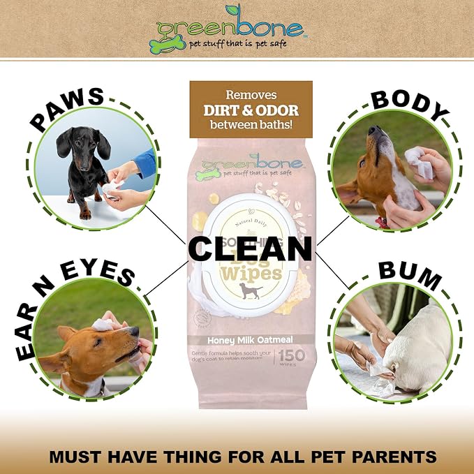 Greenbone Dog Wipes Natural and Safe for Grooming Paws, Body and Butt Cleaning Deodorizing Honey Milk Oatmeal 150 Wipes