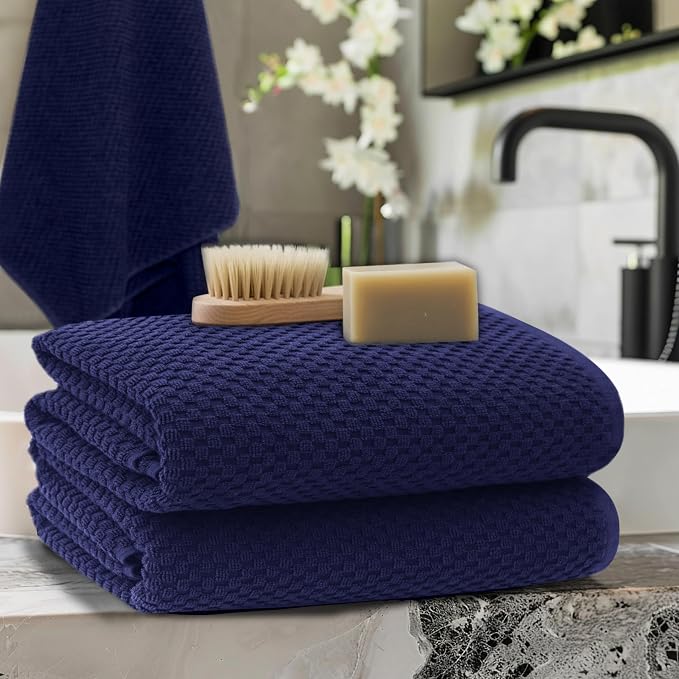 COTTON CRAFT Waffle Bath Sheets - Luxurious 2 Pack Euro Spa Waffle Weave Bath Sheets - Large 100% Ringspun Cotton Bath Towels - Absorbent Quick Dry Bathroom Towel Set - Oversized 35 x 70 inches - Navy