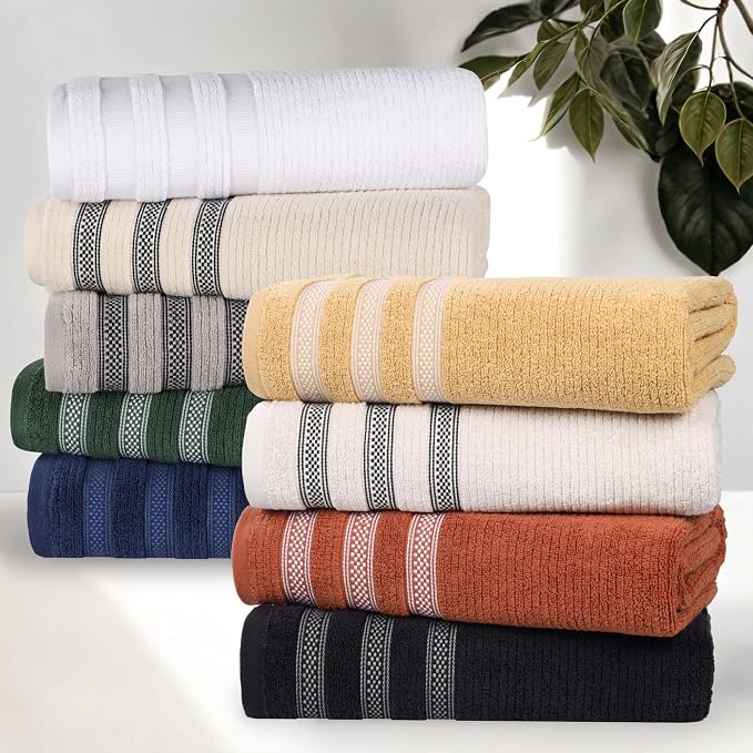 Superior Cotton 9-Piece Towel Set, Zero Twist, Ribbed Geometric, Bathroom Essentials, Shower, Spa, Luxury Plush Soft Absorbent Towels, Includes 3 Bath, 3 Hand, 3 Washcloth/Face Towels, Stone
