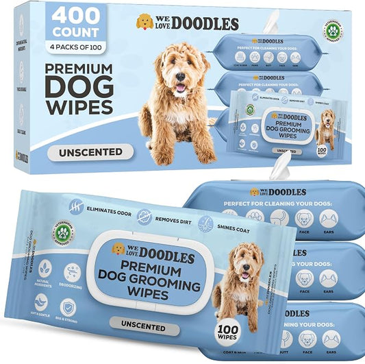 We Love Doodles Dog Wipes - Deodorizing & Cleaning Pet Wipes, for Coat, Face, Paws, Butt, & Body, Dog Essentials & Grooming Supplies, Made in USA, Unscented (400 Wipes)
