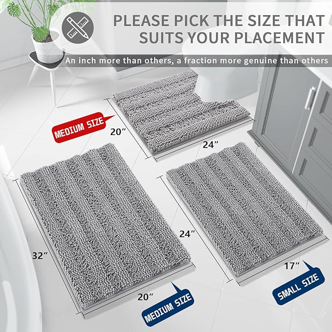 Yimobra Toilet Rugs U Shaped Washable 24 x 20, Non Slip and Super Absorbent Toilet Mat, Quick Dry, Ultra Luxury Microfiber Chenille Plush Fluffy Contour Bath Rugs for Toilet Base, Gray