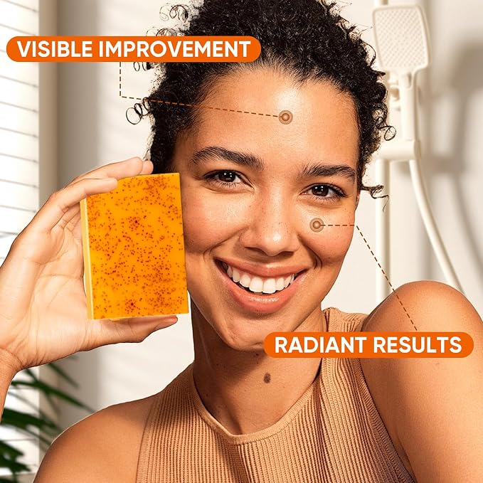 3P Turmeric Kojic Acid Soap Bars with African Exfoliating Net Sponge, Infused with Retinol, Vitamin E & Shea Butter - For Face & Body, SLS Free, Suitable for Oily & Dry Skin