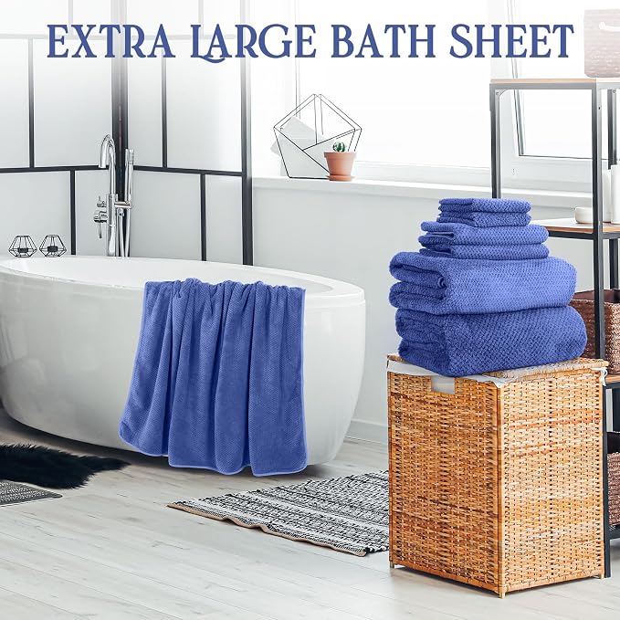Peryiter 6 Pcs Bath Towel Set Oversized Bath Sheet Super Soft Microfiber Bathroom Sheets for Adults Quick Dry Highly Absorbent Shower Towel Sets for Bathroom Dorm Spa Gym Hotel Yoga(Dark Blue)