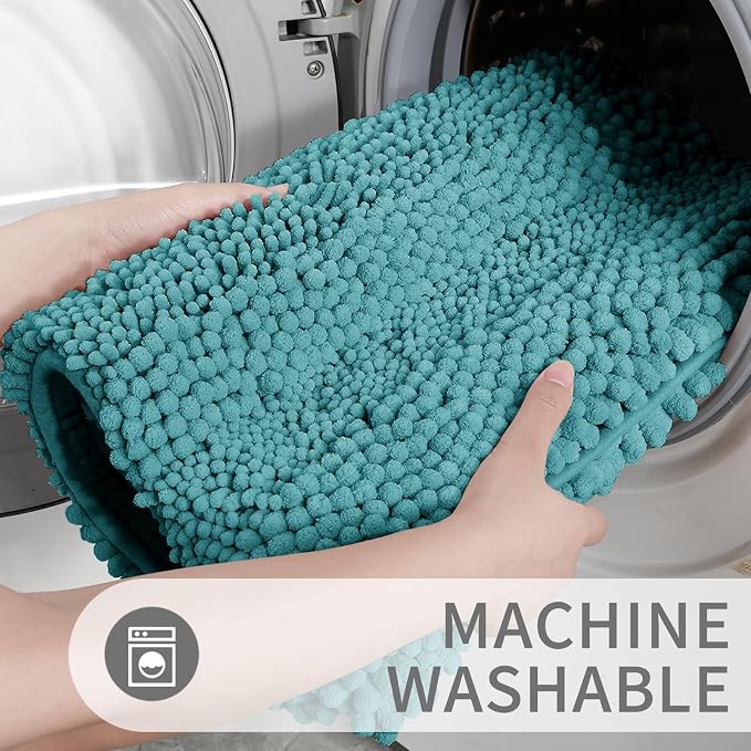 Yimobra Toilet Rugs U Shaped Washable 24 x 20, Non Slip and Super Absorbent Toilet Mat, Quick Dry, Ultra Luxury Microfiber Chenille Plush Fluffy Contour Bath Rugs for Toilet Base, Teal Blue