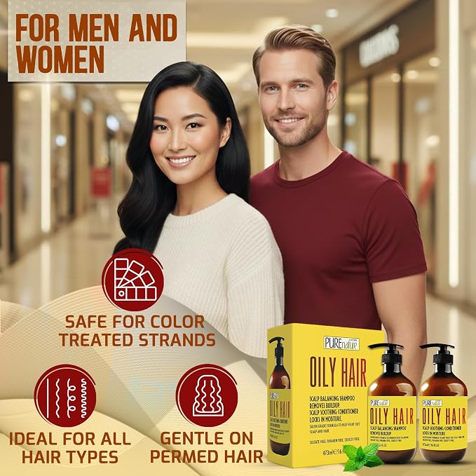 Oily Hair Shampoo and Conditioner Set - Sulfate Free Moisturizing Cleanse for Oily, Flaky Scalps - Fights Dandruff and Itchiness - Salon Professional Formula - For Men and Women - 16 Fl Oz (Set of 2)