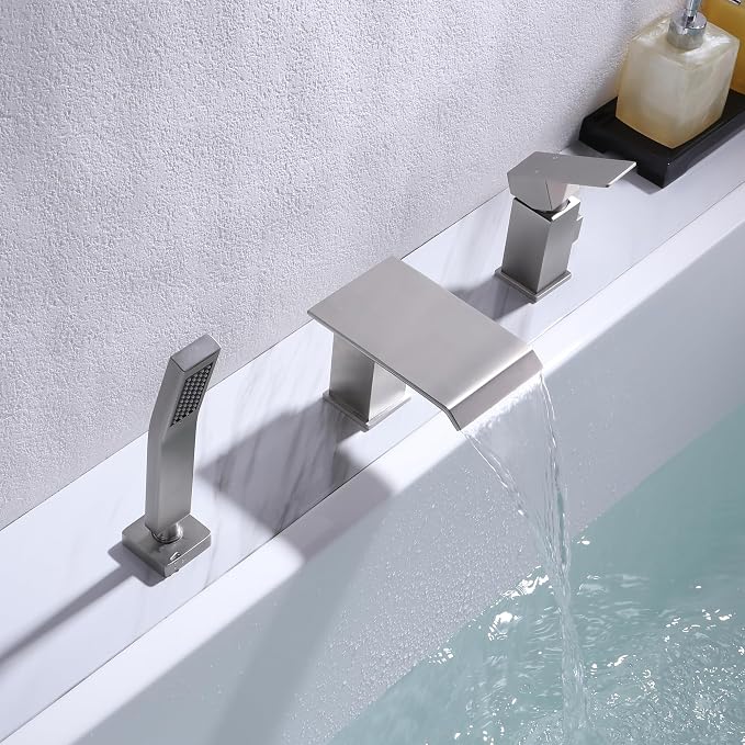 Roman Tub Faucet with Hand Shower, Deck Mount 3 Hole Bath Tub Faucet Set Bathtub Faucet with Handheld Sprayer, Brushed Nickel