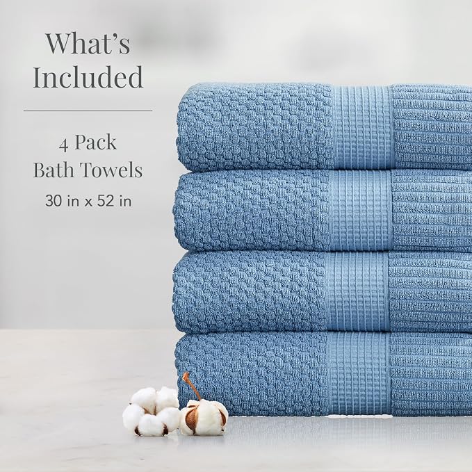 NY Loft 100% Cotton 4-Pack Bath Towel Set | Blue | Oeko-TEX | Quick-Dry | Four 30" x 52" Bath Towels | Super Absorbent | Designer-Styled Texture