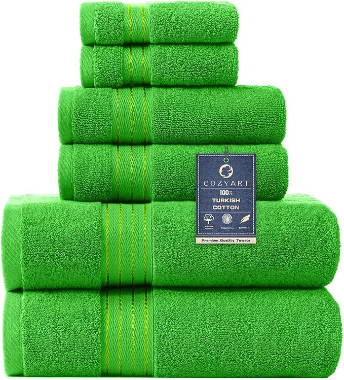 COZYART Kelly Green Bath Towels for Bathroom 6 Pcs, Turkish Cotton Bath Towel Set Super Soft Highly Absorbent Durable 650 GSM Shower Towels for Daily Use