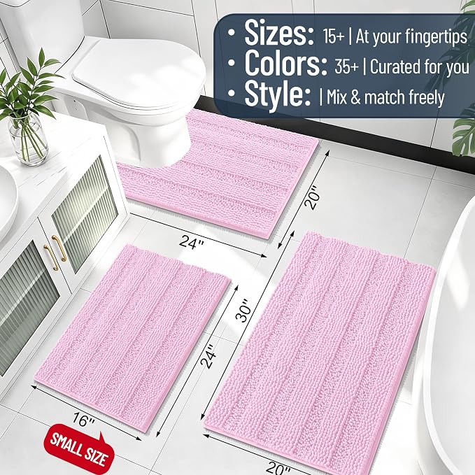 Smiry Thick Chenille Bathroom Runner Rugs 44x24, Extra Absorbent Striped Bath Mat, Machine Washable, Rubber Backing, Long Bath Rugs for Bathroom, Tub & Shower, Home Decor Accessories, Pink