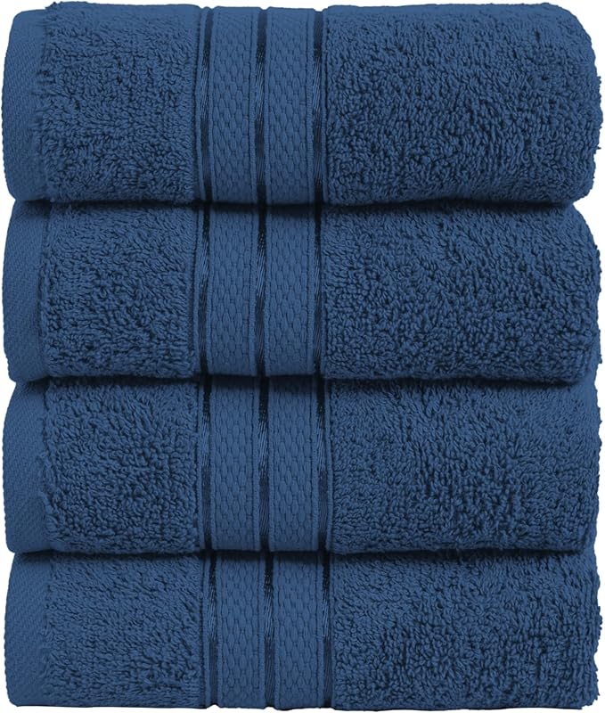 Elegant Comfort Three Line Popcorn Towel Set for Bathroom 16 x 28 inches, Premium Hotel Quality 4-Pack Hand Towels, 100% Turkish Cotton, Soft and Durable, Quick Dry and Highly Absorbent, Navy Blue