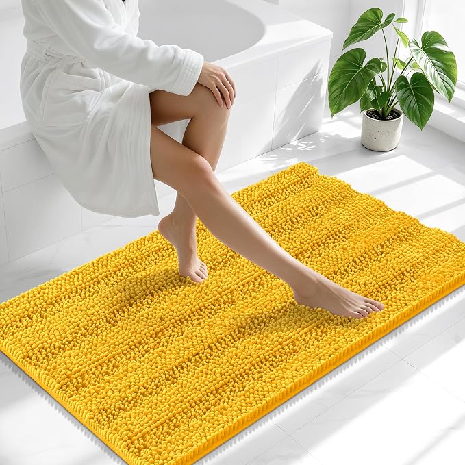 Smiry Thick Chenille Bathroom Runner Rugs 44x24, Extra Absorbent Striped Bath Mat, Machine Washable, Rubber Backing, Long Bath Rugs for Bathroom, Tub & Shower, Home Decor Accessories, Golden Yellow