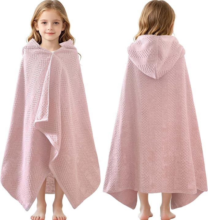 VOOVA & MOVAS Hooded Bath Towels for Kids | Soft Absorbent 100% Cotton Thick Towel Wrap | Versatile Beach, Pool, Swim & Bath Cover-Up | Pink Vertical Waffle