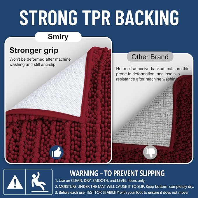 Smiry Bathroom Rugs Mat 24x16, Extra Soft Absorbent Chenille Bath Rugs, Non Slip Rubber Backing Machine Washable Quick Dry Bath Mats for Bathroom Floor, Tub, Shower, Home Decor Accessories, Red