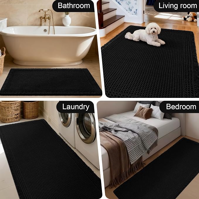 Upgraded Waffle Bath Mat Set 2 Piece Black-Bordered, Super Absorbent Non-Slip Quick Dry Bathroom Rugs with Tassels, Machine Washable Ultra Soft Boho Bath Rugs for Floor, Bath Mats Boho Farmhouse Decor