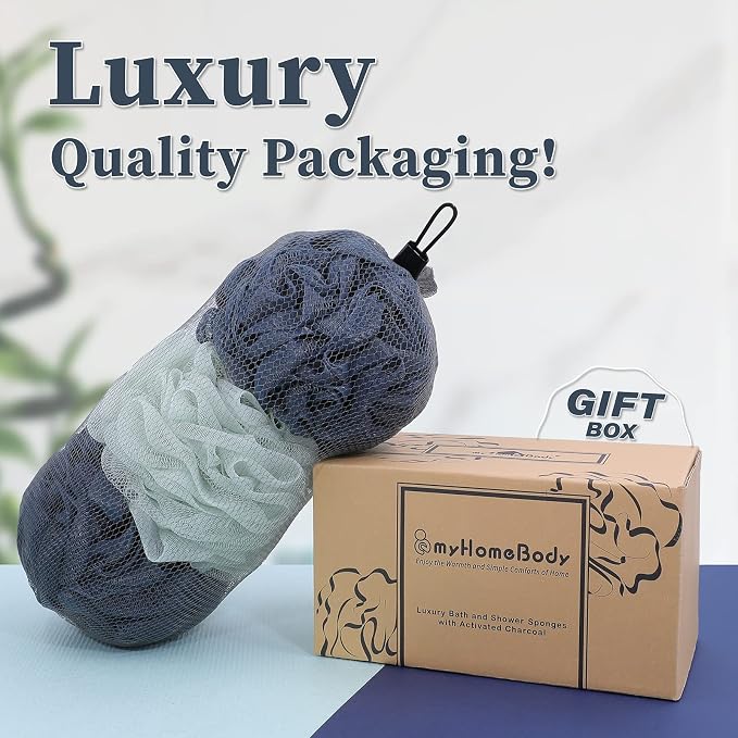 myHomeBody Large 70g Loofah Sponge, Body Scrubber, Bath Sponge, Loofah for Women, Men, Exfoliating Sponge Shower Pouf with Activated Charcoal - 3 Pack, 2 Navy Blue + 1 Sea Foam Green