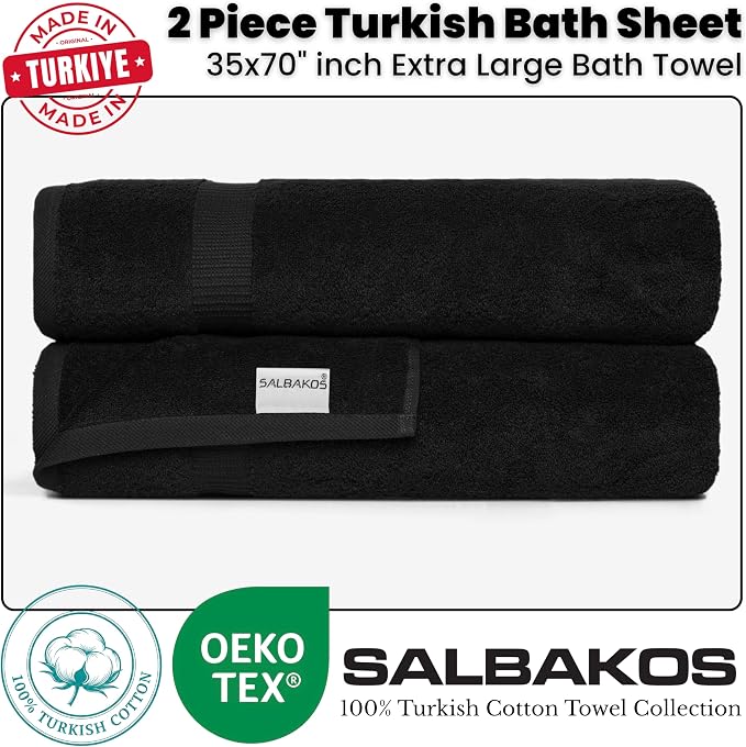 SALBAKOS 2-Piece 100% Turkish Cotton Extra Large Bath Towel 35x70 inch | Premium Hotel Quality Bath Sheet Towels | Thick, Soft, Absorbent, Oversized Bath & Beach Towels (Black, 2 Bath Sheets)