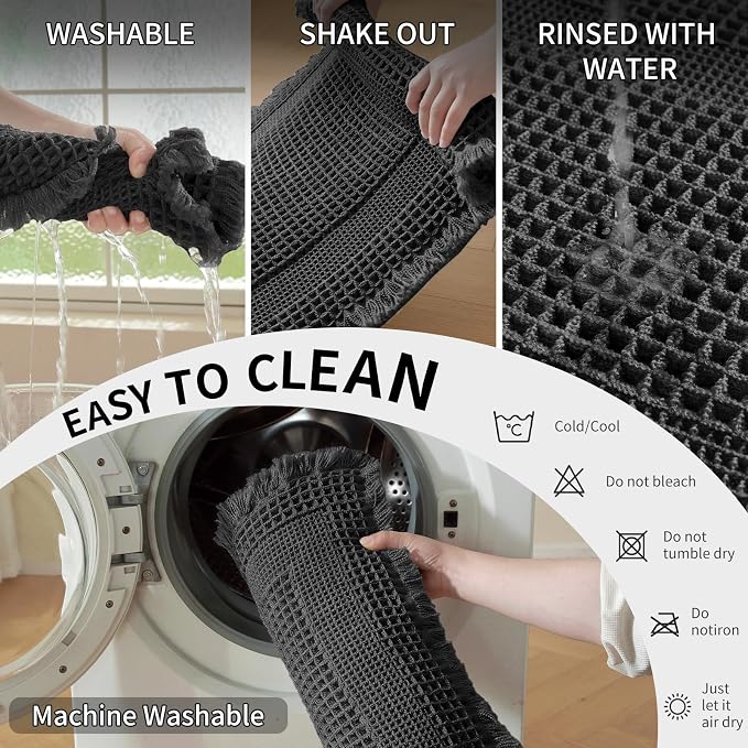Waffle Bath Mat - Super Water Absorbing Bath Mat Quick Dry, Bathroom Rugs Non Slip Washable with Tassels, Rubber Backed Bathroom Mat for Bathroom Floor, Tub and Shower, 17" x 24", Black