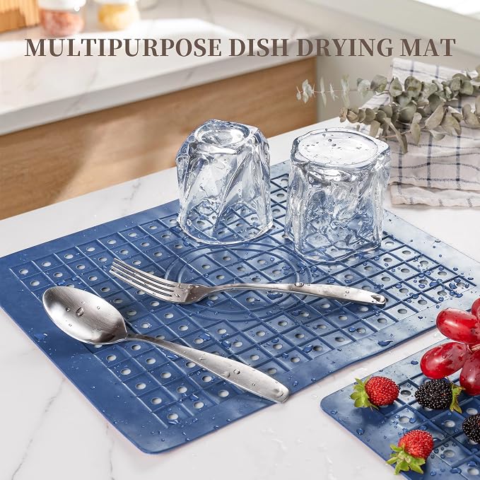 WILLKOMMEN Kitchen Sink Mat, 12" x 10" Dish Drying Mat, Rectangular Sink Protector Mats for Bottom of Kitchen Sink, Fast Draining Sink Mats Grid, 2 Pack Dark Blue