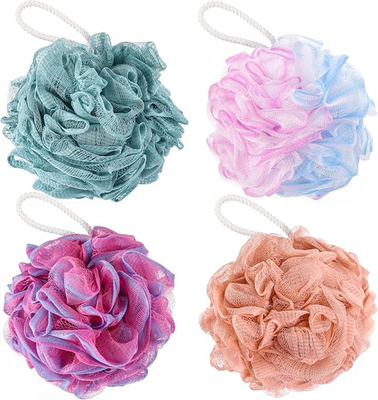 BTYMS 75g/pc Bath Loofah Mesh Puffs, Large Body Exfoliating Shower Sponges for Men and Women Showering - Set of 4