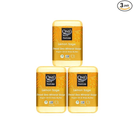 One With Nature Dead Sea Salt Lemon Sage Soap 4oz 3-Pack – Purifying and Exfoliating Soap Bar with Dead Sea Minerals for Face & Body, for Men & Women