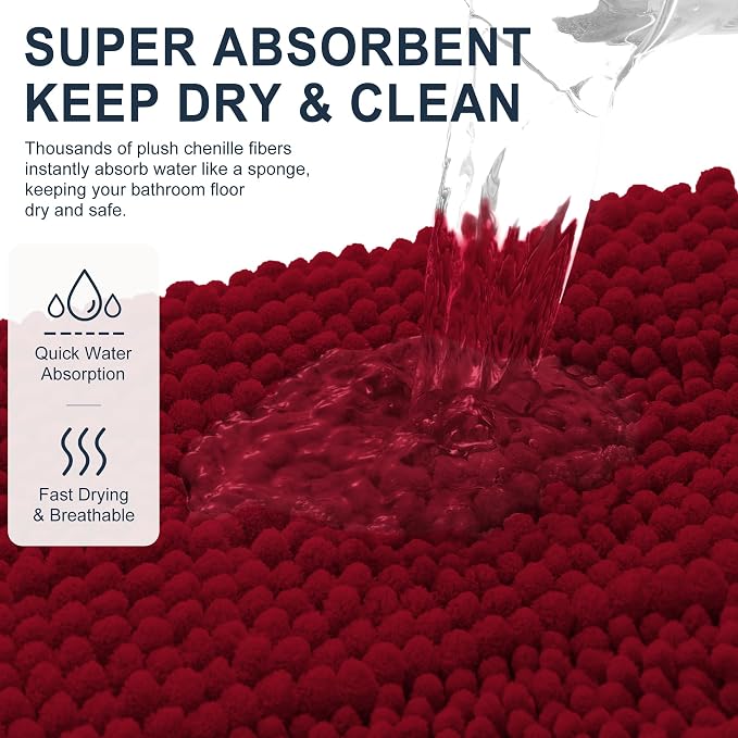 Smiry Thick Small Chenille Bathroom Rugs 24x16, Extra Soft Absorbent Striped Bath Mat, Machine Washable, Rubber Backing, Bath Rugs for Bathroom, Tub & Shower, Modern Home Decor Accessories, Red