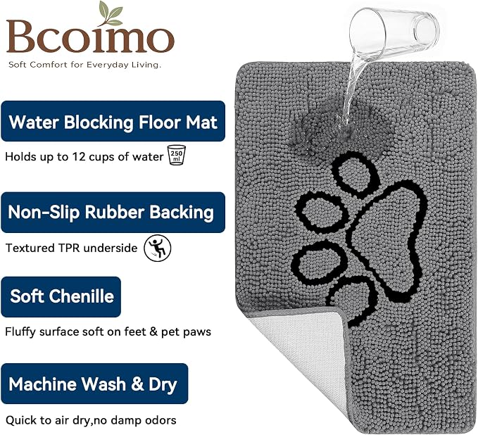 Bcoimo 30×20 Absorbent Chenille Dog Doormat – Non-Slip Quick Dry Entryway Rug Ideal for Homes with Dogs, Machine Washable Dirt Trapper for Muddy Paws (Grey 30×20 Inches)