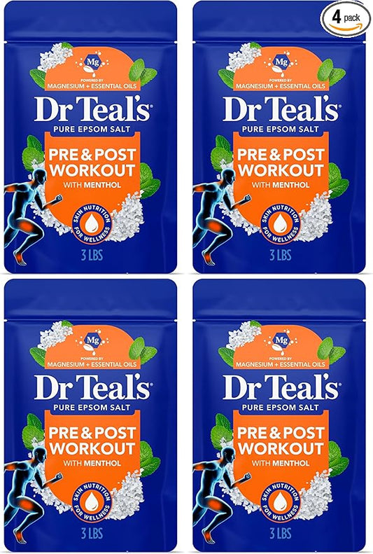 Dr Teal's Epsom Salt Magnesium Soak, Pre & Post Workout with Menthol & Essential Oils, 3 lbs (Pack of 4)