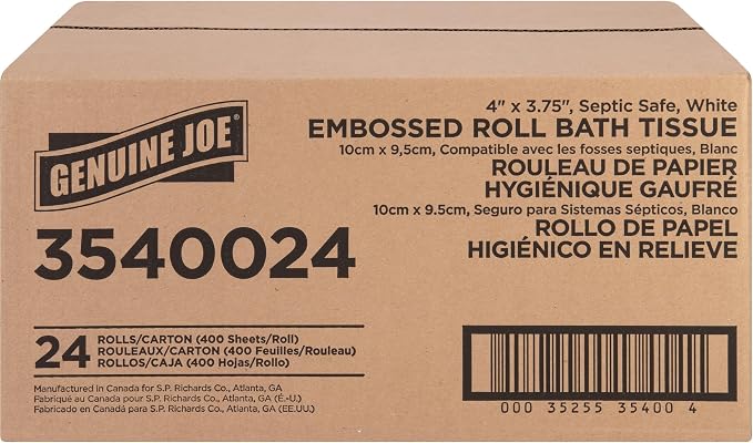Genuine Joe Embossed Bath Tissue, 2-Ply, Septic Safe, Individually Wrapped, 4" x 3.75", 400 Sheets/Roll, 24 Count