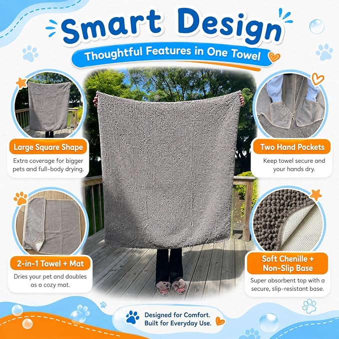 Pet 2-in-1 Dog Towel & Mat – Transforms from Drying to Bath Mat, Ultra Soft, Absorbent & Quick-Drying, Machine Washable Dog Towels with Detachable Non-Slip Mat and Hand Pockets (Medium)