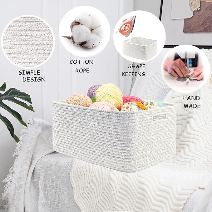 COMFY-HOMI Cotton Rope Woven Basket with Handles for Shelves,Toys,Book, Cloth Storage Baskets Bin for Organizing- 1 PCSToy Decorative Organizer for Living Room, Bathroom 17" x 13" x 7.5"