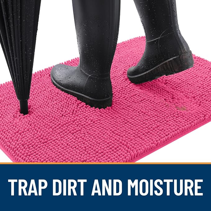 OLANLY Dog Door Mat for Muddy Paws 70x32, Absorbs Moisture and Dirt, Absorbent Non-Slip Washable Doormat, Quick Dry Chenille Mud Mat for Dogs, Entry Indoor Entryway Carpet for Inside Floor, Hot Pink
