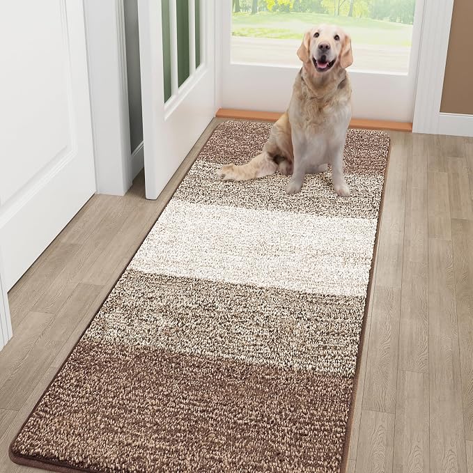 Smiry Dog Door Mat for Muddy Paws, Absorbs Moisture and Dirt, Low-Profile Entryway Mat with Non-Slip Backing, Entry Indoor Outdoor Doormat for Inside Floor (59x32 Inches, Khaki, Striped)