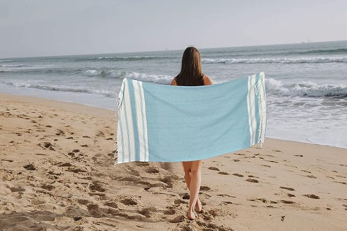 GLAMBURG Peshtemal Turkish Towel Cotton Oversized Beach Towels 36x71 Set of 6 for Adults, Soft Durable Absorbent Extra Large Bath Sheet Hammam - Aqua Blue