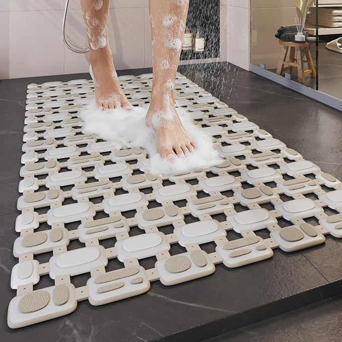 Non Slip Shower Mat, Bath Mats for Tub with Strong Suction Cups, Quick Drain, Comfortable Foot Feel Shower Mats for Inside Shower, Bath Tub Mat Non Slip, (Brown, 14.6"x26.8")