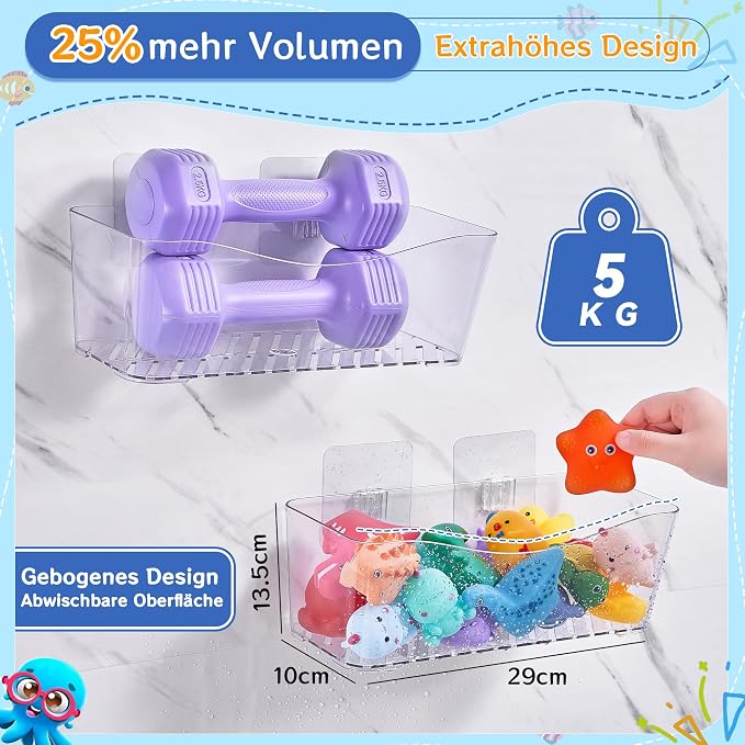 Antimbee Clear Bath Toy Storage, Large Capacity Bath Toy Holder, Quick Dry Bathtub Toy Storage Organizer, No Drill Adhesive Shower Caddy, Bathroom Shower Toy Basket for Baby Toddler Kids, 2 Pack