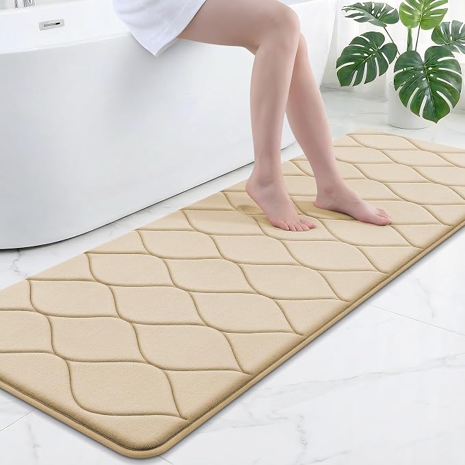 Smiry Memory Foam Bath Mat 70''x24'', Ultra Soft Non-Slip Bathroom Rug, Plush Water Absorbent Quick Dry and Machine Washable Floor Mat for Shower, Tub & Home Decor, Beige