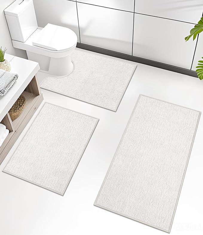 chakme Bathroom Rug Sets 3 Piece, Ultra Thin Quick Dry Bath Mat Set, Absorbent Bath Mat for Bathroom Non Slip Machine Washable, (White, 3 Piece)