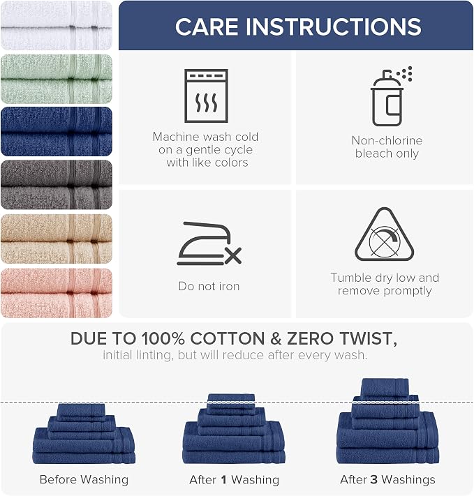Comfort Spaces 6 Pc Towel Set, 100% Cotton Zero Twist, Indigo Navy Blue | Zero Twist Cotton, Quick Dry Ultra Soft, 2 Bath 2 Hand 2 Washcloth, Lightweight Absorbent for Everyday Bathroom Use