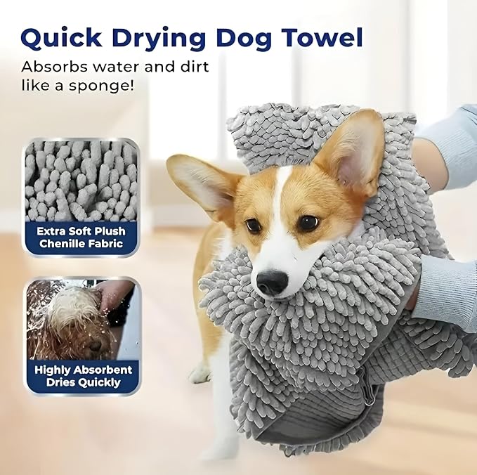 Super Absorbent Dog Drying Towel - 24.4''x10'' Chenille Microfiber Pet Bath Towel with Dual Hand Pockets, Quick Dry Soft Grooming Towel for Small Medium Large Dogs and Cats, Machine Washable (Gray)