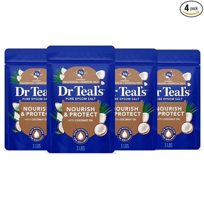 Dr Teal's Epsom Salt Magnesium Soak, Nourish & Protect with Coconut Oil, 3 lbs (Pack of 4)