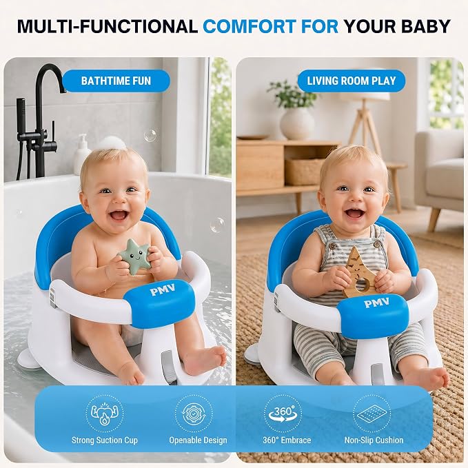 PMV Baby Bath Seat for Sitting Babies, Non-Slip Baby Bath Chair with 3 Suction Cups, Safe & Comfortable Toddler Bath Support Seat for Bath/Shower Use, Stable Design, Gray (6–24 Months) (Blue)