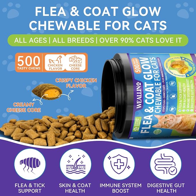 Flea and Tick Prevention for Cats - 500 Crunchy & Creamy Chews, Cat Flea Treatment with Skin & Coat Support, Oral Natural Flea Chewables for Gut & Immunity Support for All Breeds & Ages Chicken Flavor