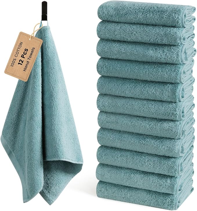 SEMAXE 12-Pack Blue Cotton Hand Towels for Bathroom with Hanging Loops | Sink-side towels for drying hands and face, ideal for bathrooms, guest baths, powder rooms, OEKO-TEX certified, easy care