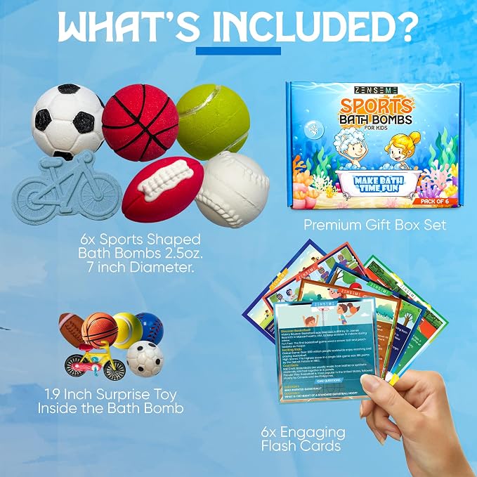 Bath Bombs For Boys W/Educational Flash Cards - Bathbombs with Toys Inside - 2.5 oz Gift Set of 6 Scented Organic Handmade with Natural Essential Oils - Sports Surprise Inside - Bath Toys - by Zenseme
