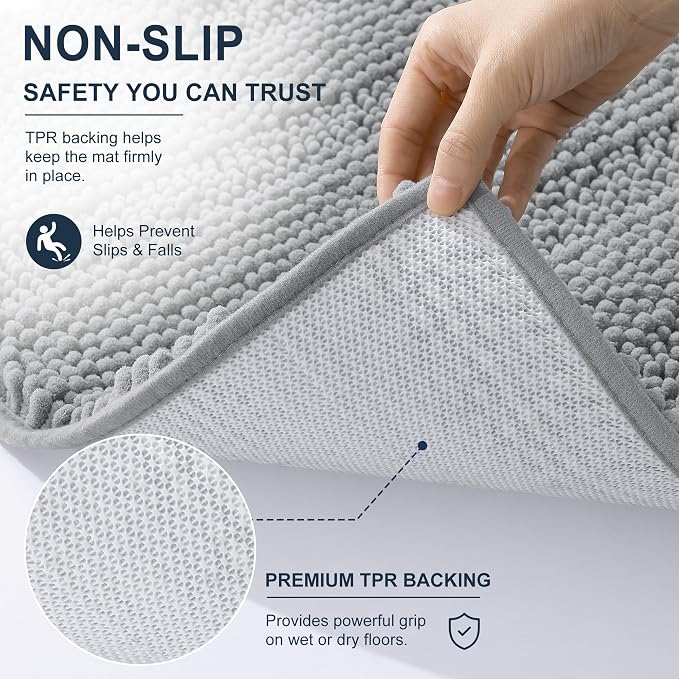 Smiry Thick Chenille Bathroom Runner Rugs 59x24, Absorbent Striped Bath Mat, Machine Washable, Rubber Backing, Extra Long Bath Rugs for Tub & Shower, Modern Home Decor Accessories, Light Grey