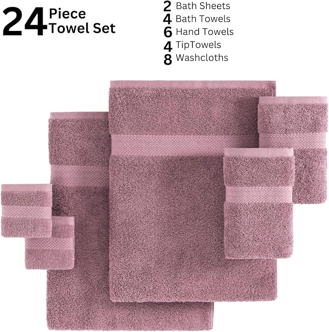 LANE LINEN Bathroom Towels Set - 24 PCs - 100% Ring Spun Cotton - Quick Dry, Soft & Absorbent - 4 Bath, 4 Fingertip, 6 Hand Towel, 8 Washcloths, 2 Bath Sheets - Towels for Regular Use - Wistful Mauve