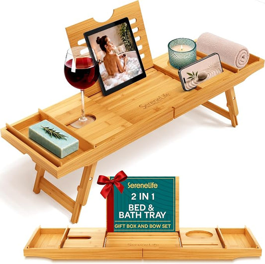 SereneLife Bath Caddy Breakfast Tray Combo with Gift Box-Natural Bamboo Wood Waterproof Bath Tub Caddy and Bed Tray with Folding Slide-Out Arms,Device Grooves,Wine Glass and Soap Holder