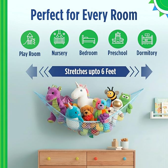 Baby Buddy Stuffed Animal Hammock Storage Net - Corner Space-Saving Toy Organizer for Nursery and Kids Bedroom Organization, Holds 25 Pounds, Easy Wall Mount, Blue