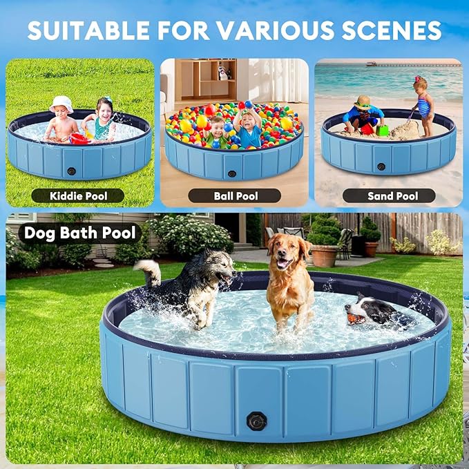 Extra Large Foldable Dog Pool for Giant Dogs, 120” Collapsible Hard-Side Dog Swimming Pool, Leakproof PVC Portable Pet Bath & Kiddie Pool, Non-Slip Bottom, Outdoor Backyard, Blue